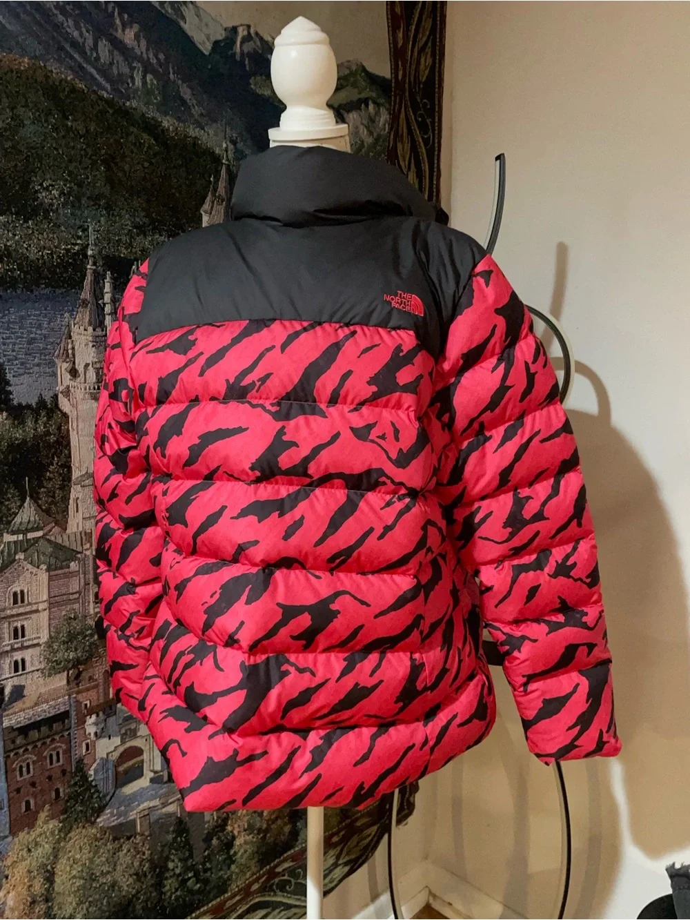The North Face Bright Reddish Pink and Black Printed Puffer Jacket